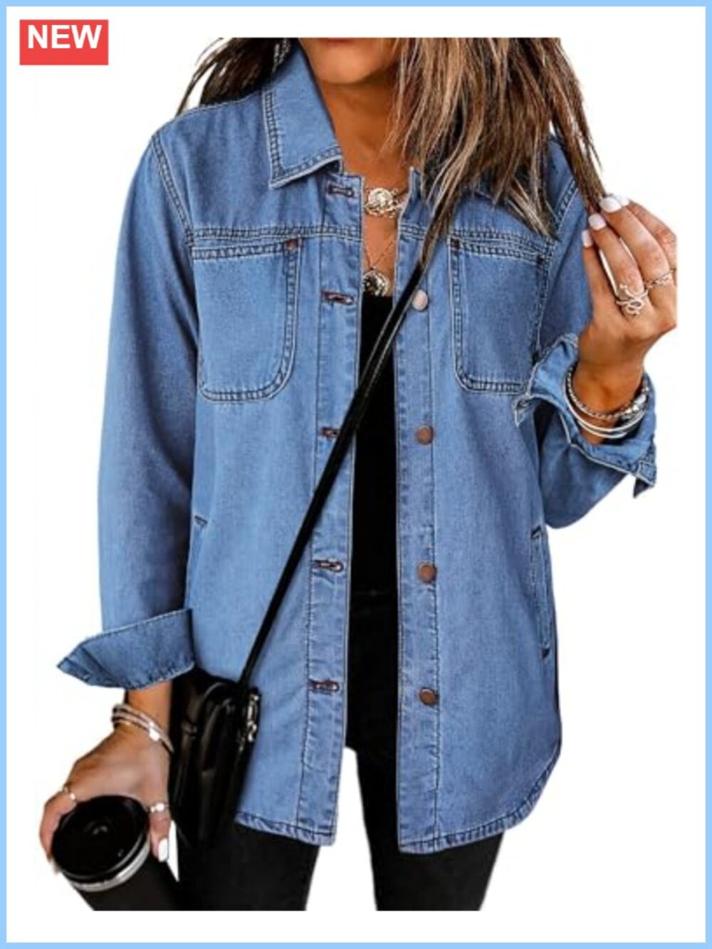 Women's Denim Jacket Long Sleeve Button Down Shacket with Pockets Relaxed Fit